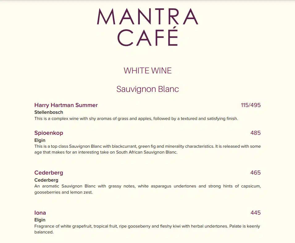 Mantra Cafe White Wines Menu