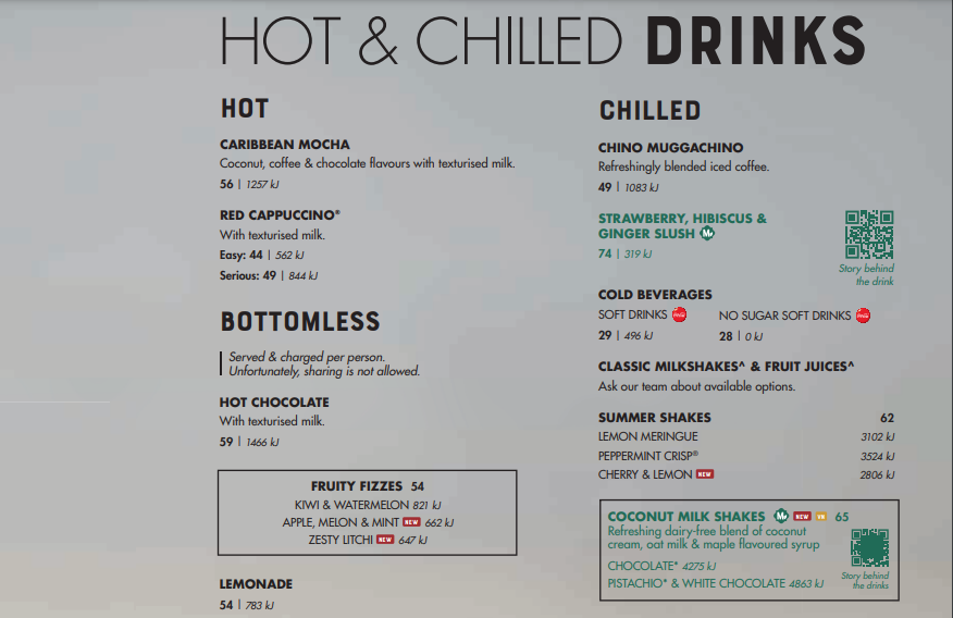 Mugg and bean Hot Beverages Menu