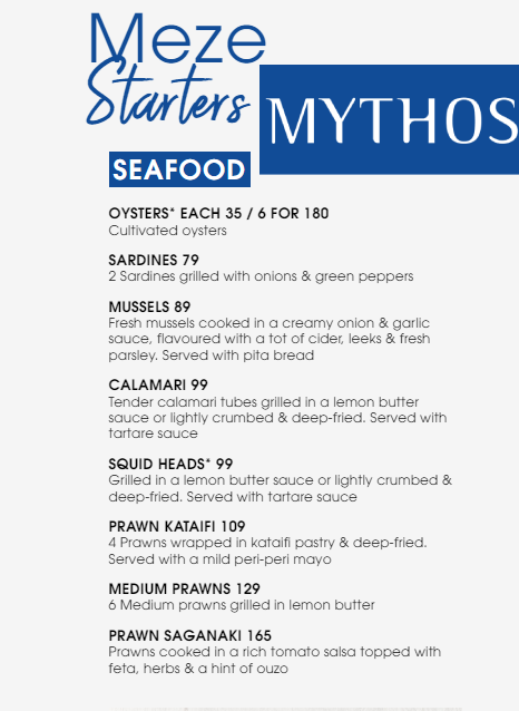 Mythos Menu Seafood Starters