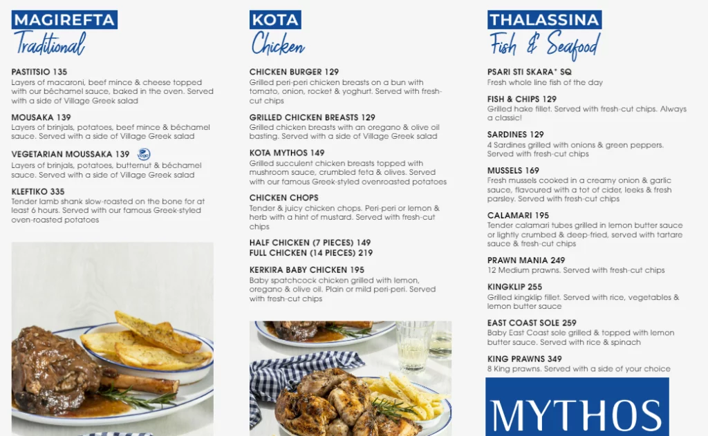 Mythos Menu With Updated Prices in South Africa 