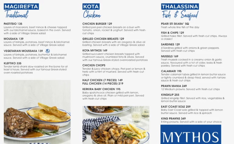 Mythos Menu With Updated Prices in South Africa