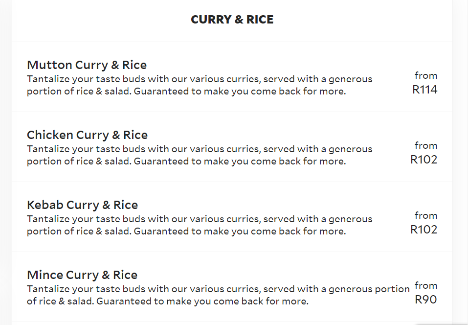 Oriental Durban North Family Meals (Curry: Serves 6-7) Menu 