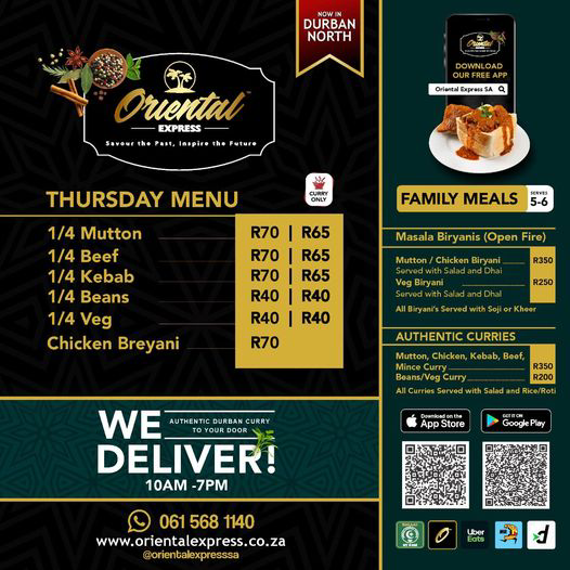 Oriental Durban North Menu With Updated Prices in South Africa