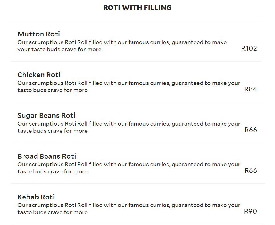 Oriental Durban North Roti Rolls With Filling Menu