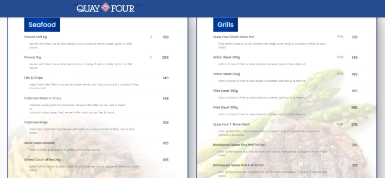 Quay Four Restaurant Menu South Africa