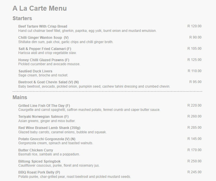 The Capital 15 On Orange Restaurant Menu A La Carte Menu