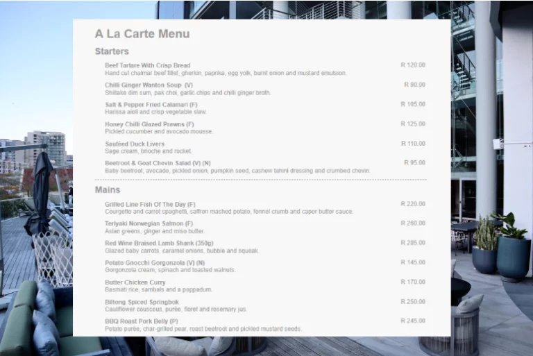 The Capital 15 On Orange Restaurant Menu With Updated Prices in South Africa