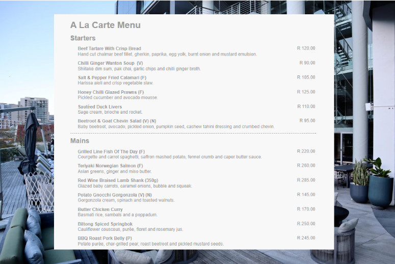 The Capital 15 On Orange Restaurant Menu With Updated Prices in South Africa 