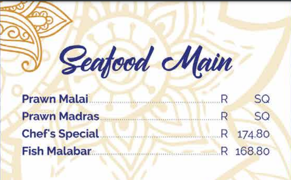 The Raj Menu Seafood Mains