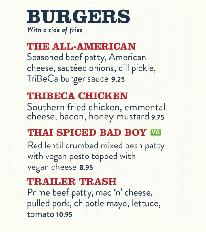 Tribeca Menu Burgers