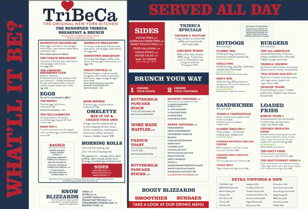 Tribeca Menu With Updated Prices in South Africa