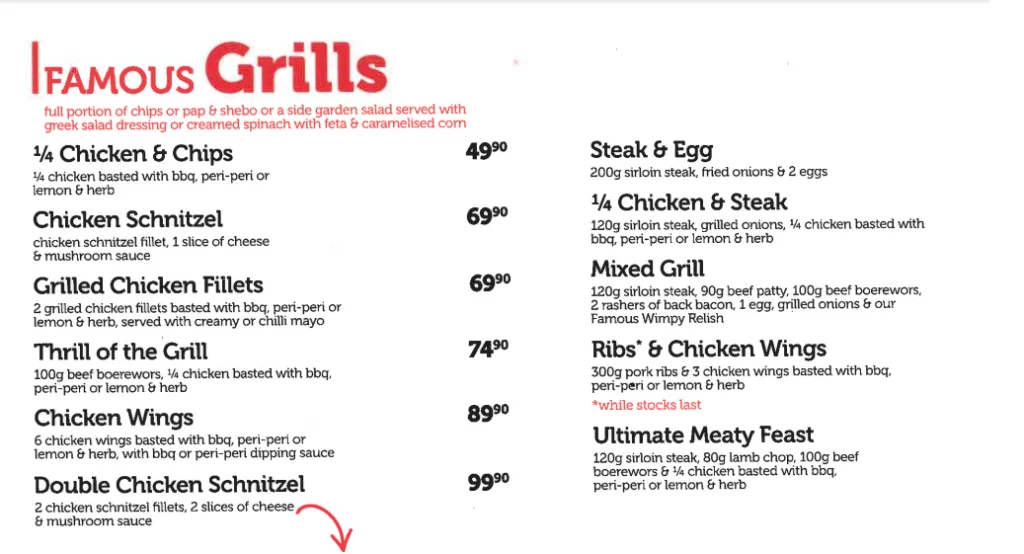 Wimpy Grills Menu