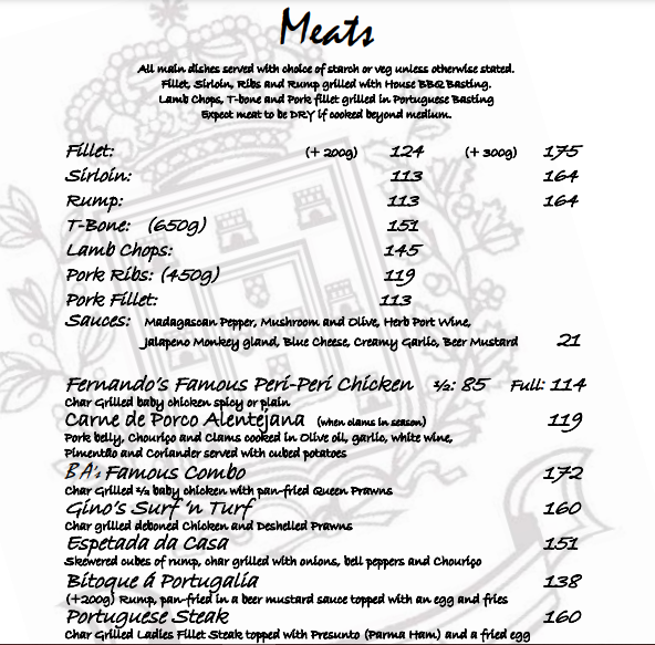 Beira Alta Meats Menu 