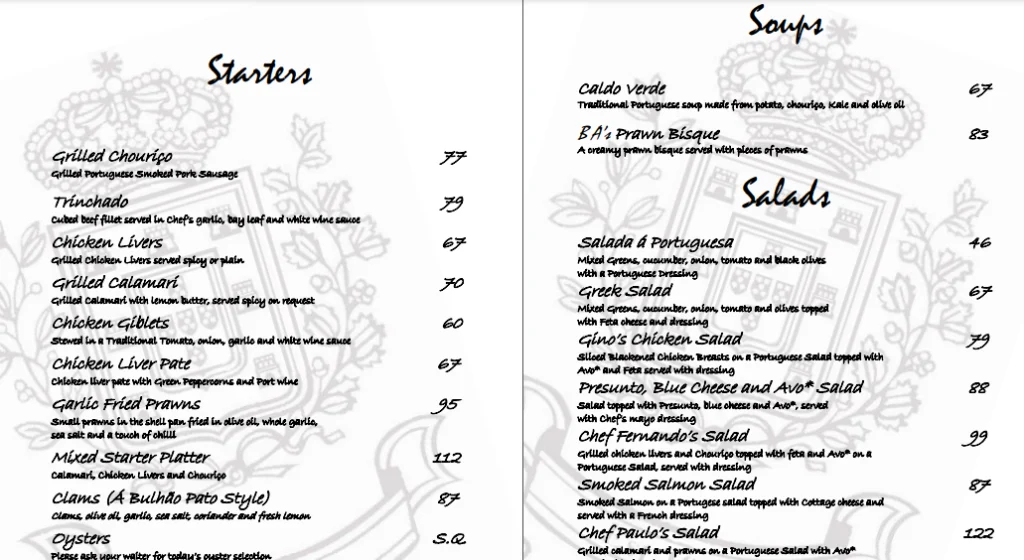 Beira Alta Menu South Africa