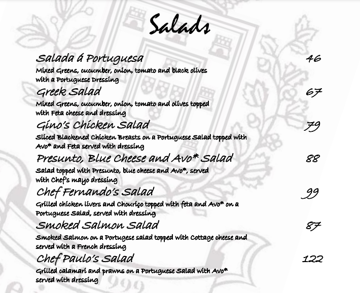 Beira Alta Salads Menu 