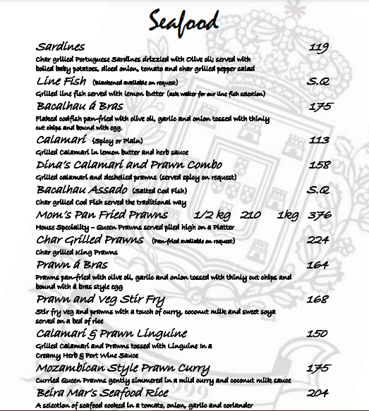 Beira Alta Seafood Menu 