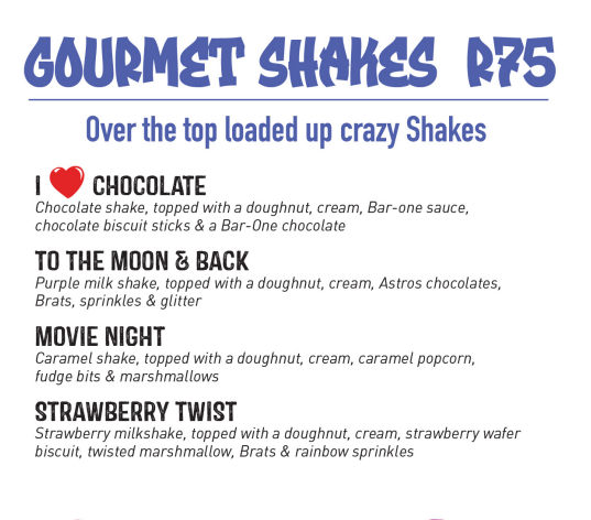 Blueberry Beacon Restaurant Gourmet Shakes Menu