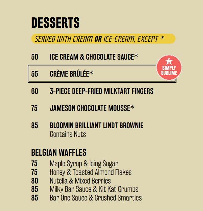 Bossa Tyger Falls Bossa Desserts Menu