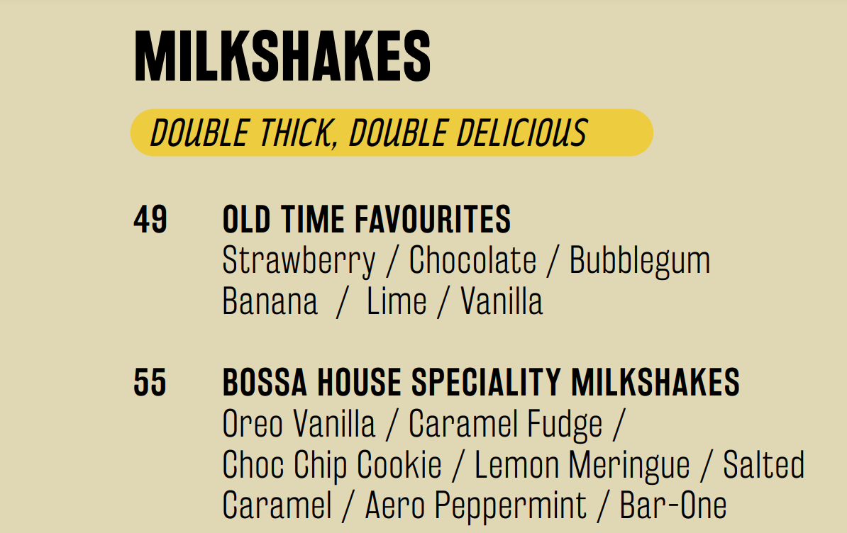 Bossa Tyger Falls Bossa Milkshakes Menu