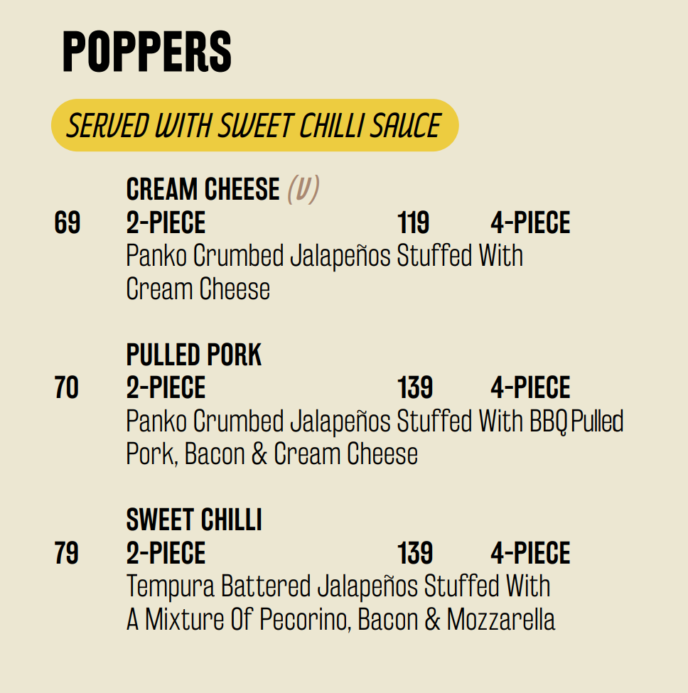 Bossa Tyger Falls Bossa Poppers Menu