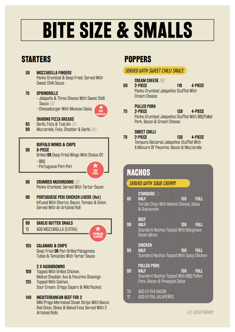 Bossa Tyger Falls Bossa Starters Menu 