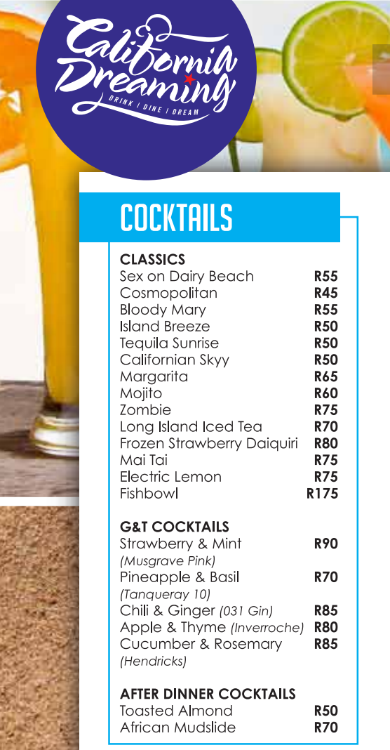 California Dreaming Durban Cocktails Menu