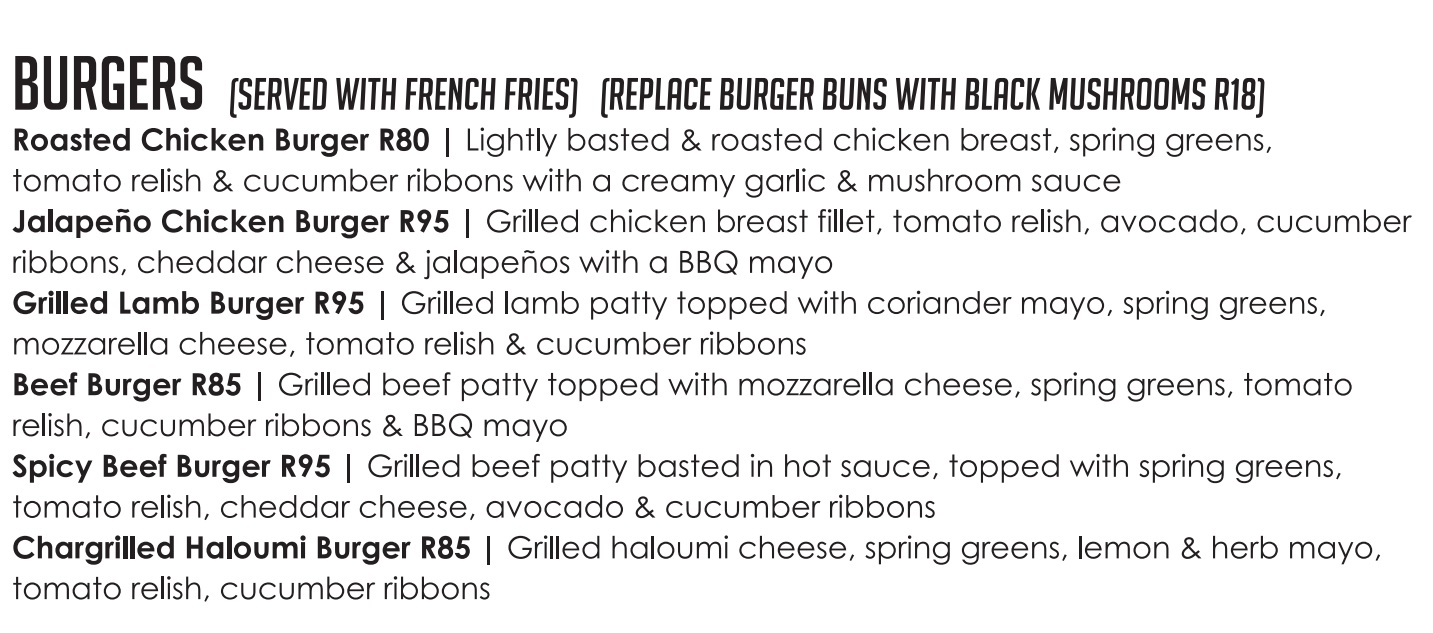 California Dreaming Durban Gourmet Burgers Menu