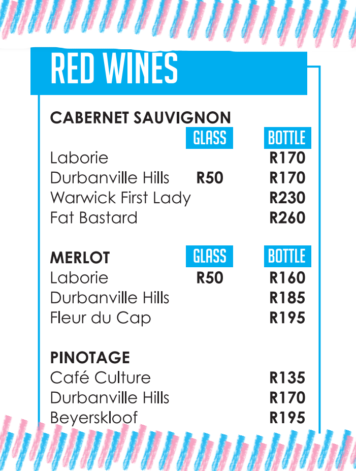 California Dreaming Durban Red Wine Menu