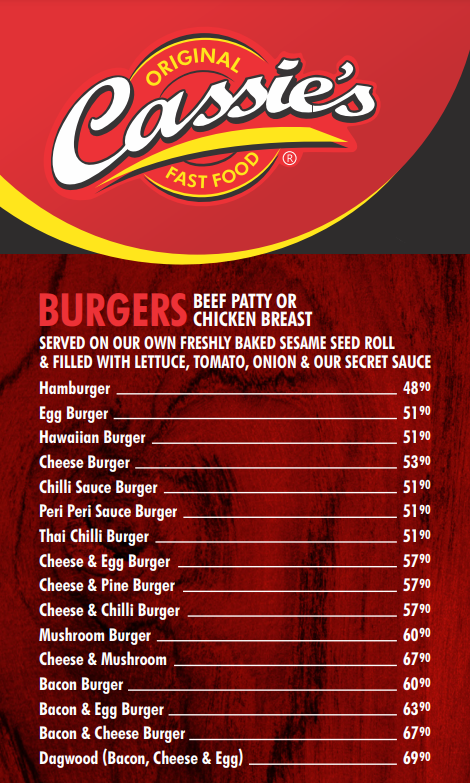 Cassie’s Beef Burger Menu