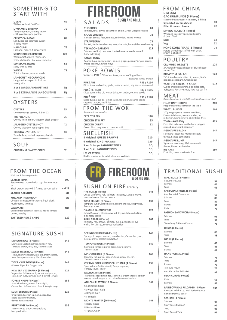 Fireroom Menu South Africa