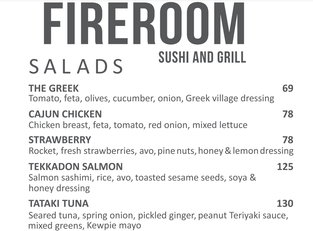 Fireroom Salads Menu 