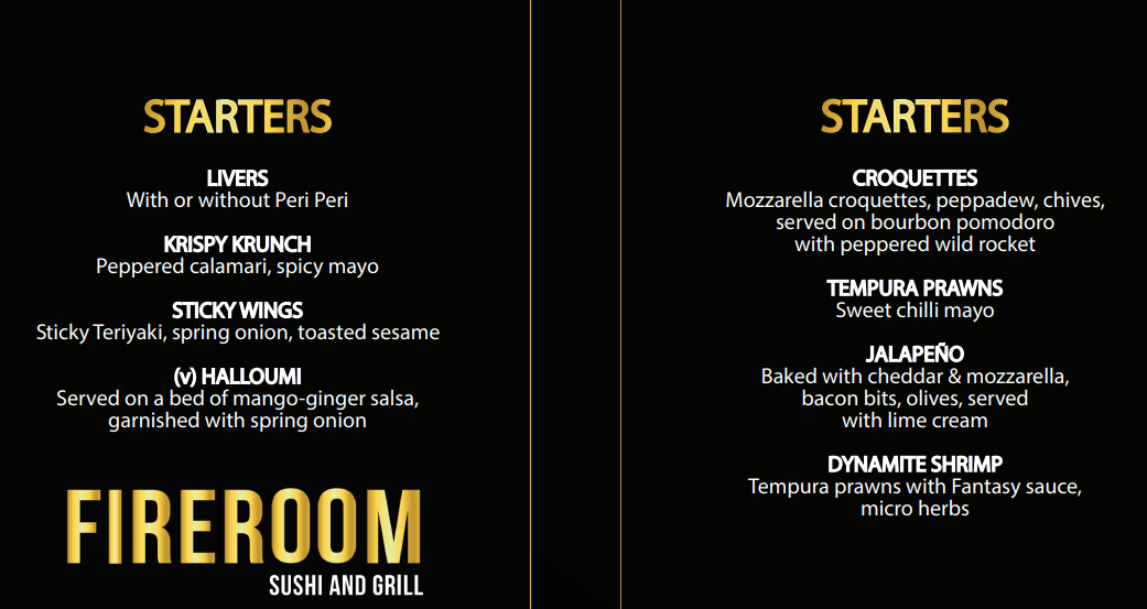  Fireroom Starters Menu 