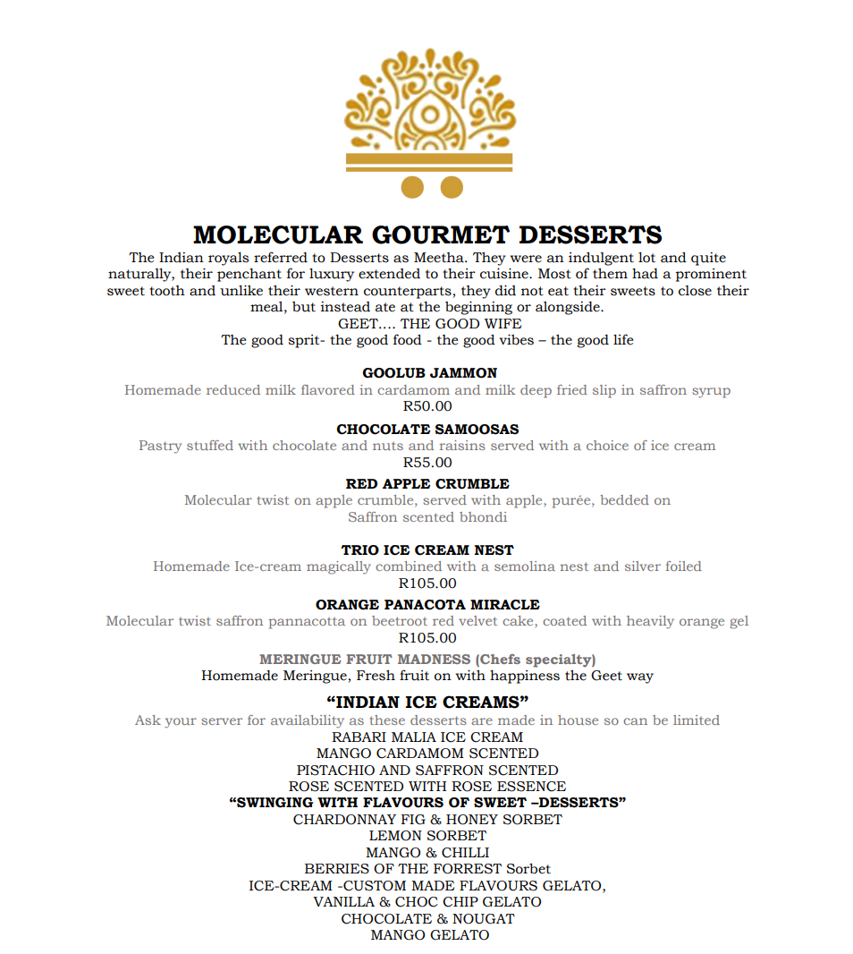 Geets Desserts Menu