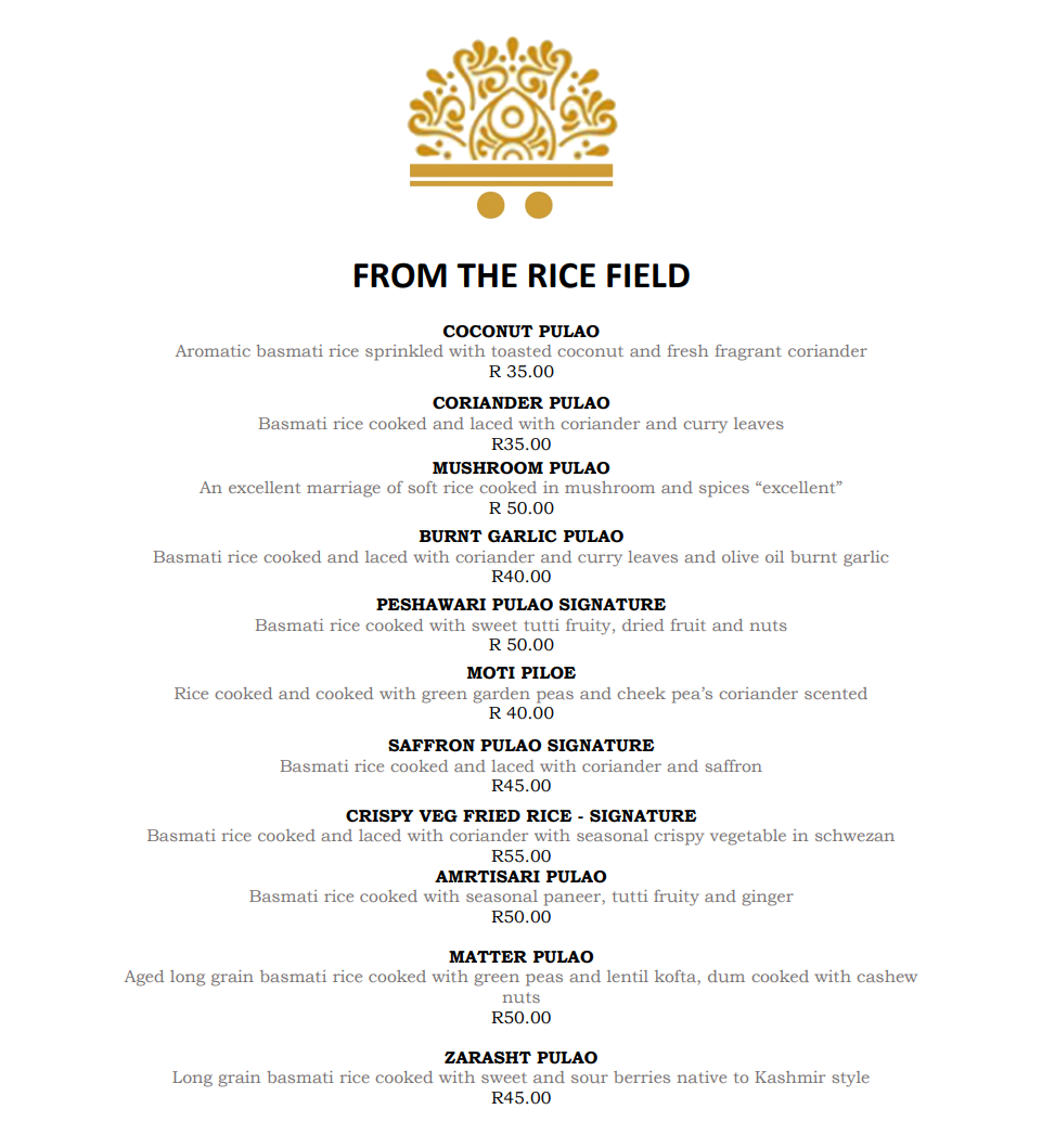 Geets From the Rice Fields Menu