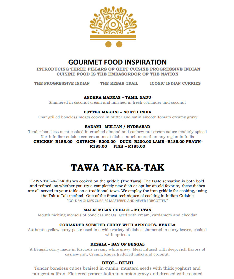 Geets Gourmet Food Inspiration Menu