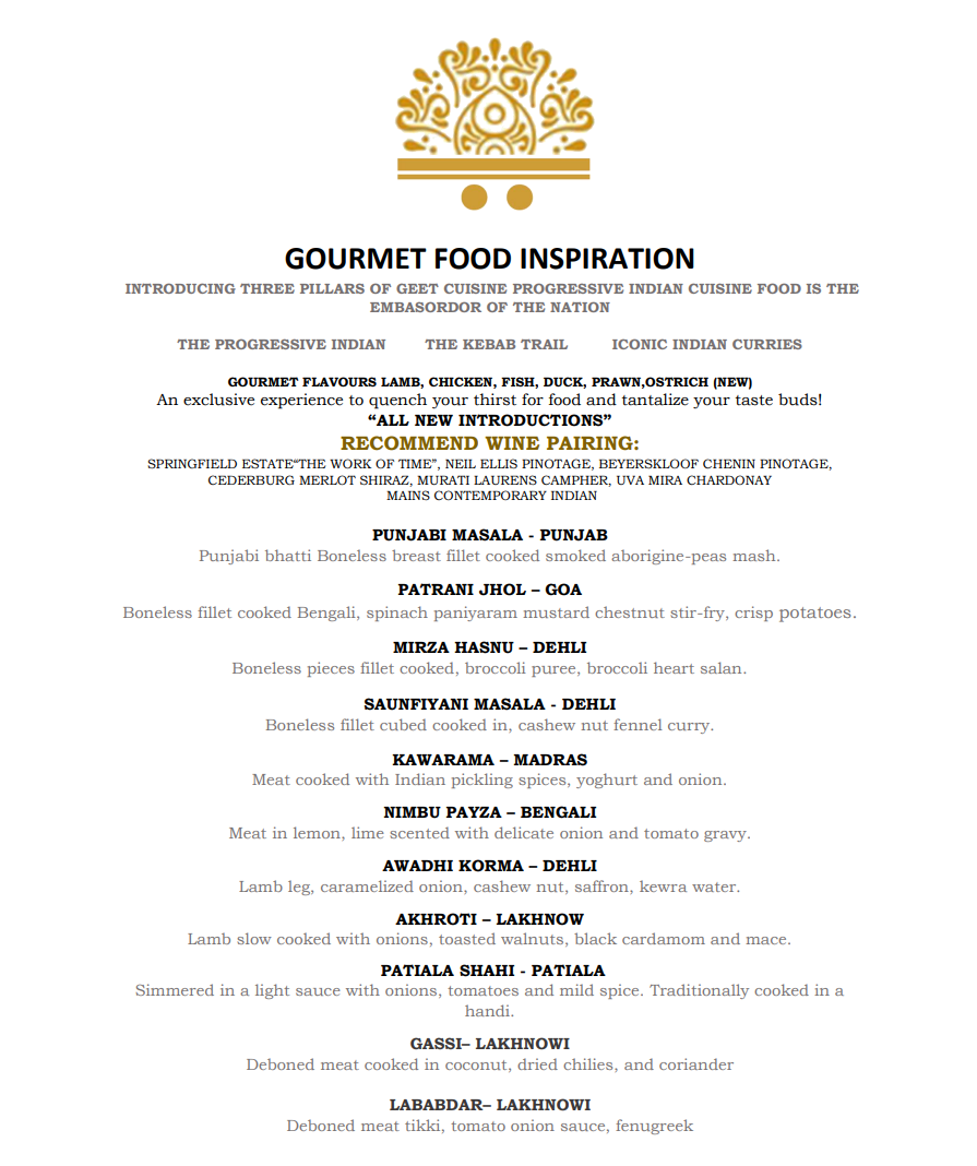 Geets Gourmet Food Inspiration Menu