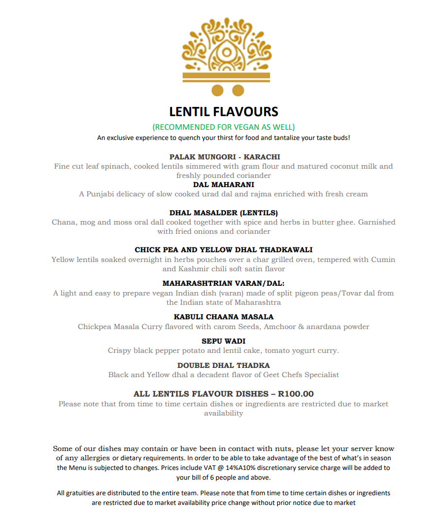 Geets Lentil Flavors Menu