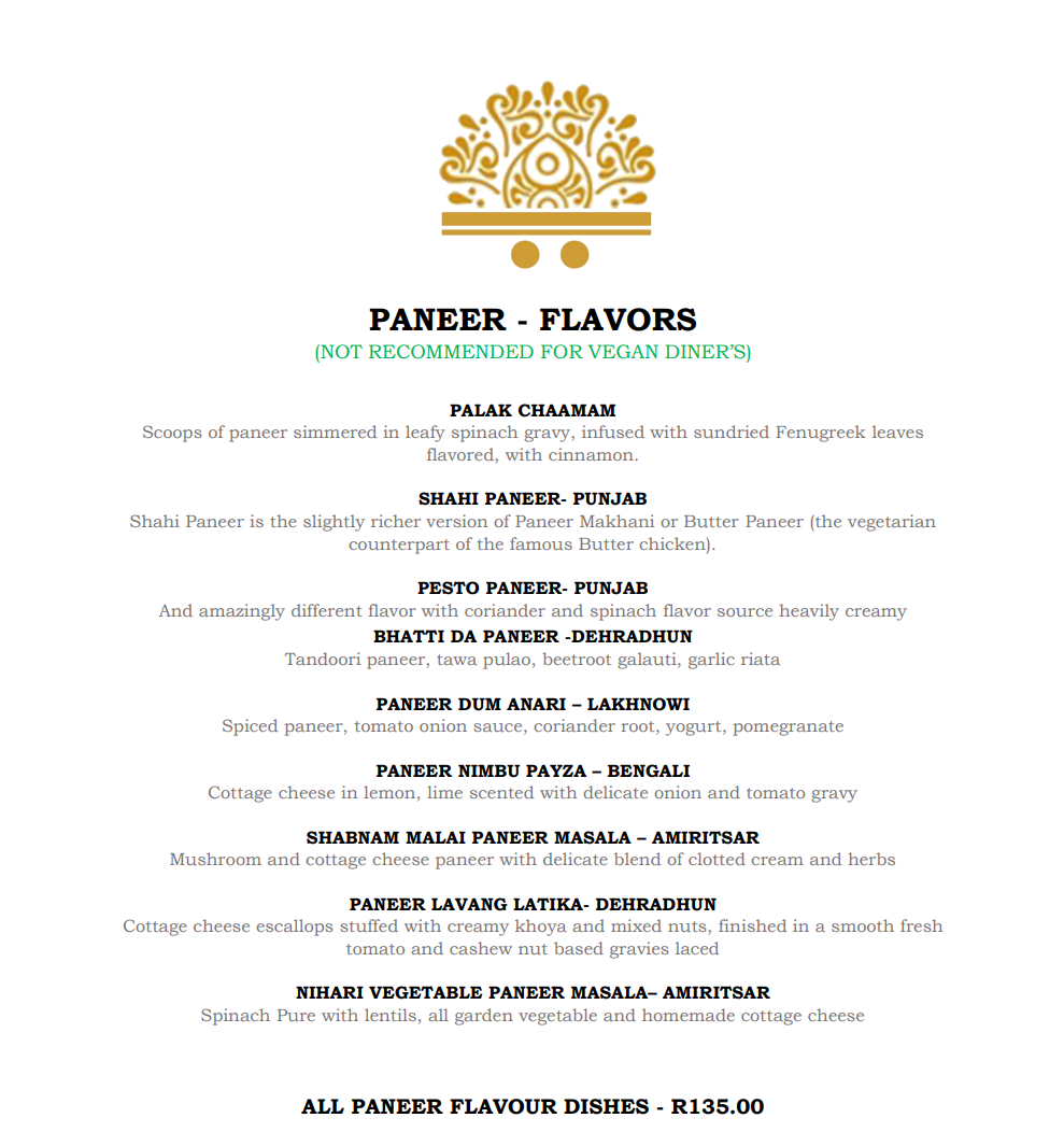 Geets Paneer Flavors Menu