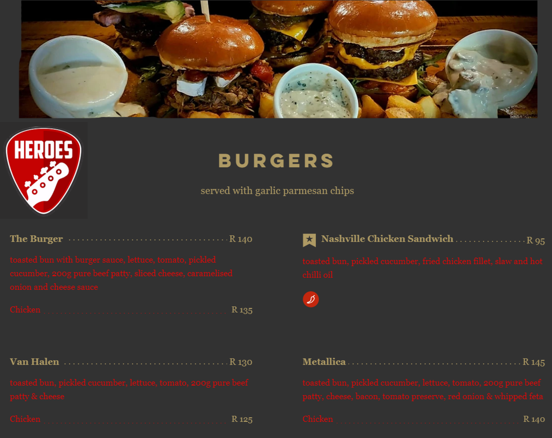 Heroes Restaurant Burgers Menu