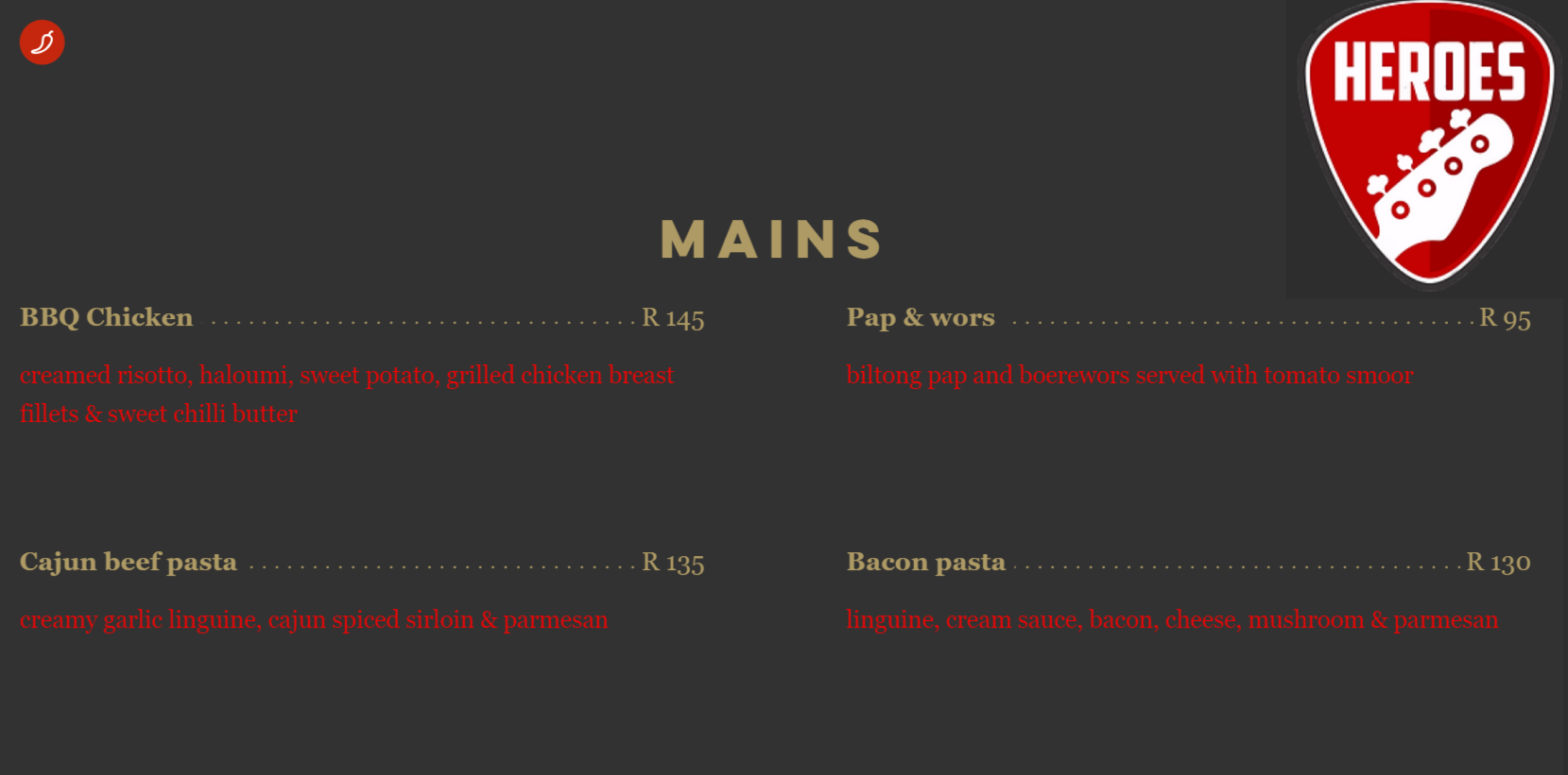 Heroes Restaurant Mains Menu