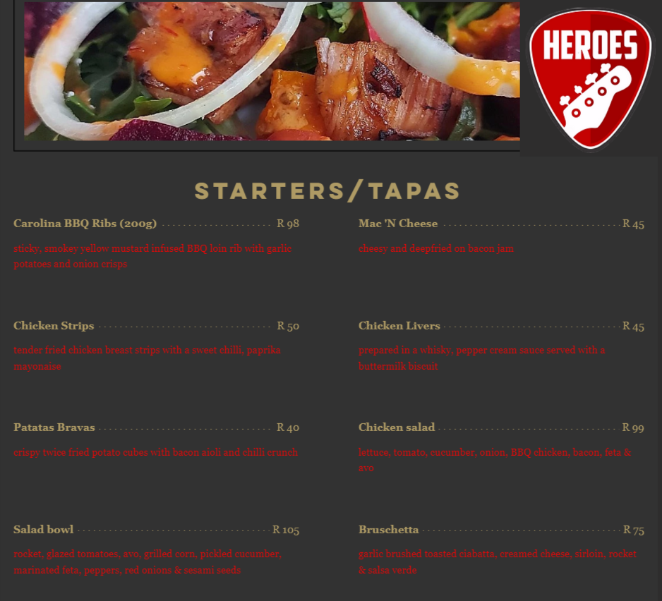 Heroes Restaurant Steak Menu