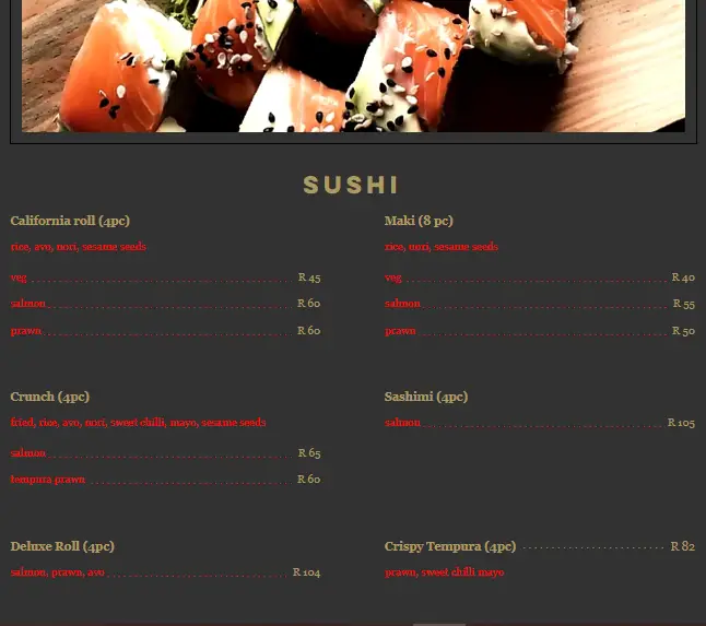 Heroes Restaurant Sushi Menu