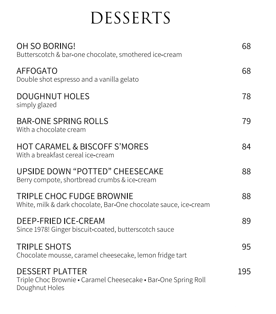 Jakes Steenberg Desserts Menu