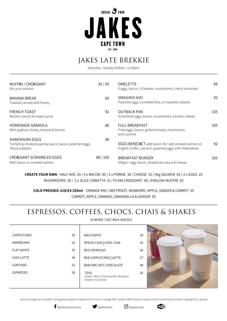 Jakes Steenberg Espressos, Coffees, Chocs & Chais Menu