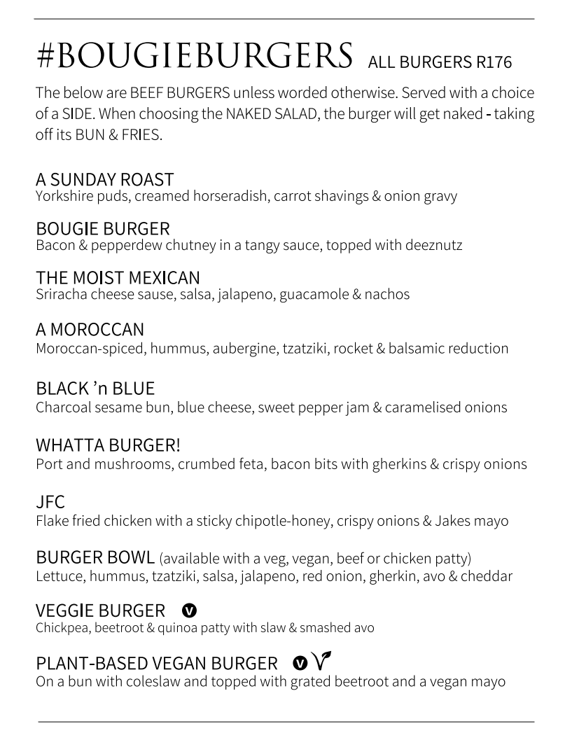 Jakes Steenberg Gourmet Burgers Menu