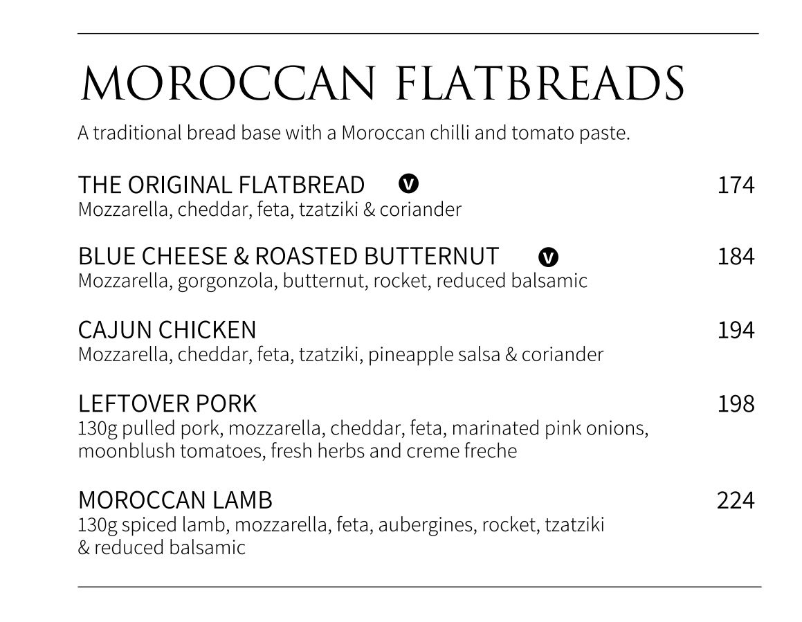 Jakes Steenberg Moroccan Flatbreads Menu