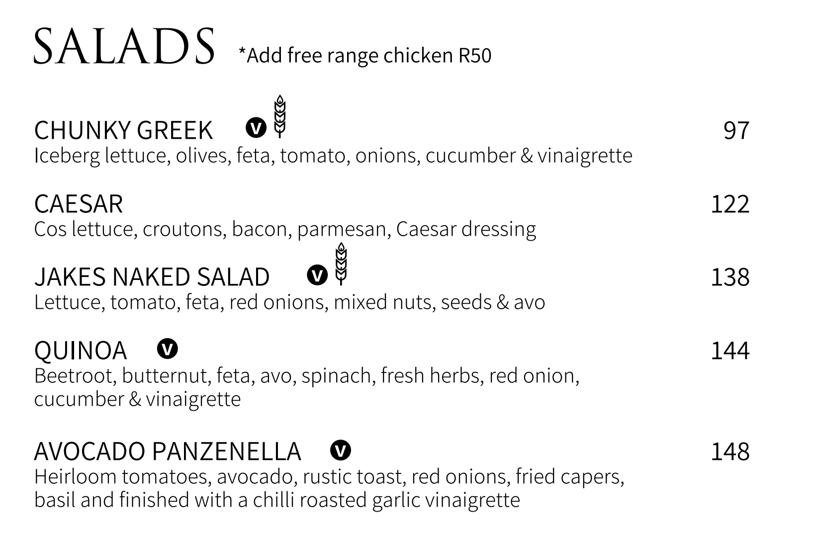 Jakes Steenberg Salads Menu