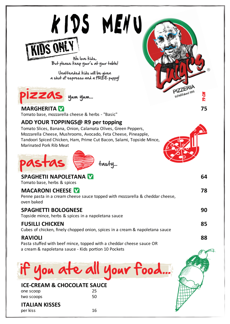 Luigi’s kids Menu 