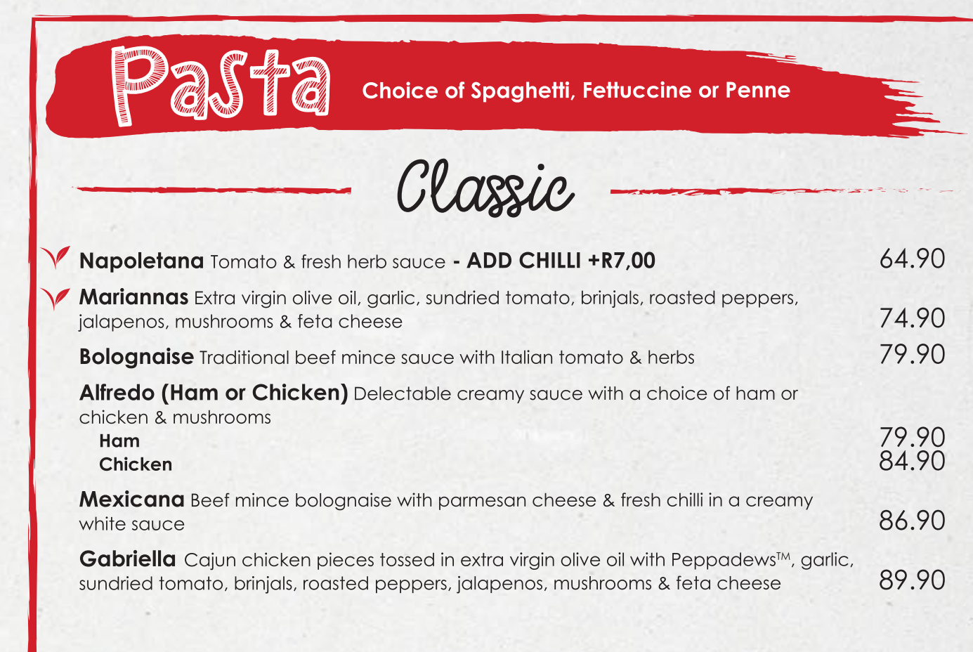 Mimmos Classic Pastas Menu