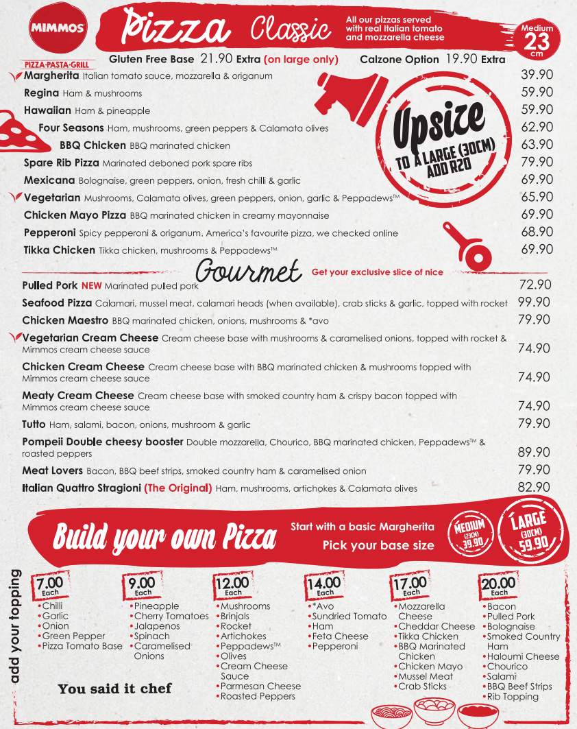 Mimmos Classic Pizzas Menu